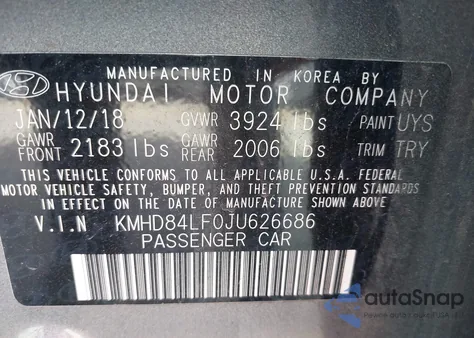 2018 Hyundai Elantra Value Edition z USA, uszkodzony, nr VIN KMHD84LF0JU626686